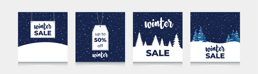Naklejka premium Winter Holidays square templates.New Year sale social media post.Suitable for mobile apps,banner,web internet ads.Christmas.Winter promotional labels card advertising special offers season collection.