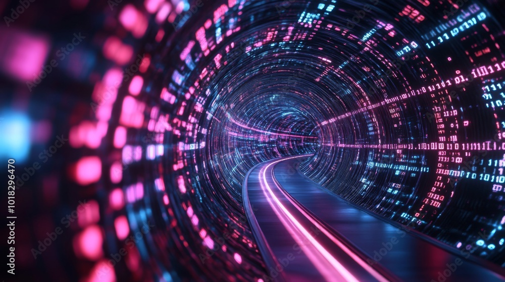 Poster a futuristic tunnel of binary code with pink and blue lighting