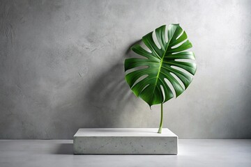 Monstera leaf on grey stone podium against white background with shadowplay effects