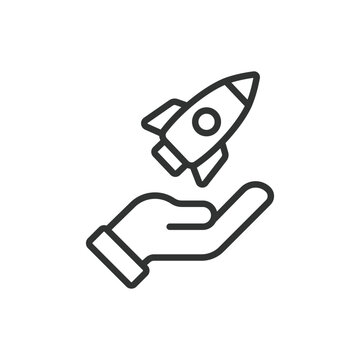 Launch, in line design. Launch, rocket, startup, new product, innovation, space, growth on white background vector. Launch, in line design editable stroke icon