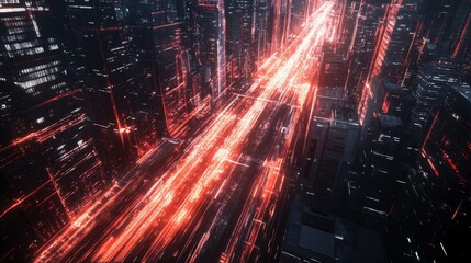 Futuristic Cityscape with Glowing Red Lines