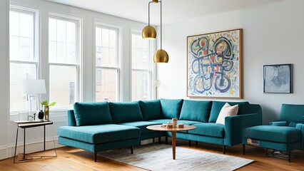 A modern living room with a teal sectional sofa, light blue walls, a large abstract painting, gold pendant lights, and a mid-century modern coffee table.