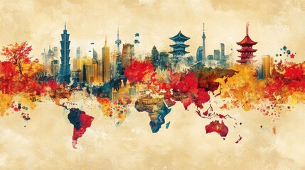 Obraz premium Watercolor world map with cityscapes and autumn foliage.