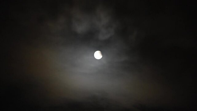 Lunar Eclipse Behind Cloudy Sky &ndash; Astronomy Night Video - Real time footage of partial lunar eclipse with dramatic clouds passing by full moon