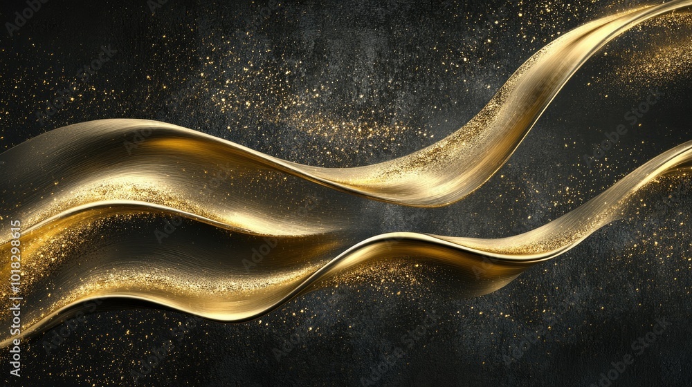 Poster shimmering gold waves flowing in abstract curves, creating a soft and elegant motion against a dark 