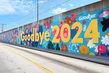 A colorful mural on a wall says "Goodbye 2024" with flowers and other designs.