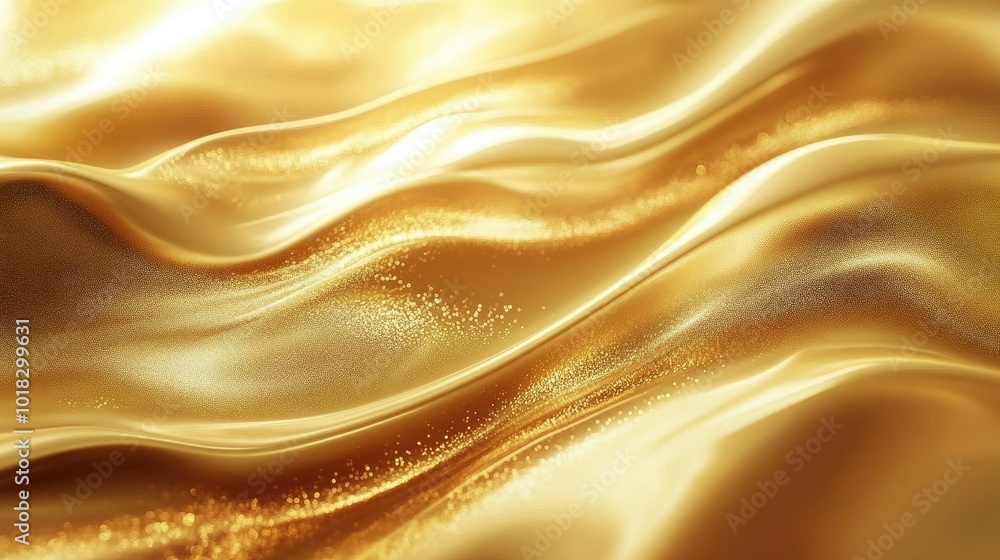 Poster smooth, abstract golden waves flowing across a shimmering surface, with soft light and gradients cre