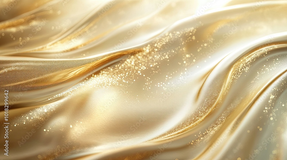 Poster smooth, abstract waves of gold flowing across a shimmering surface, with soft gradients and light cr