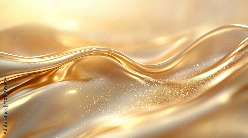 Poster smooth, abstract golden waves flowing across a shimmering surface, with soft light and gradients cre