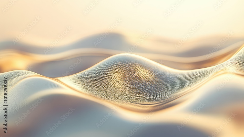 Poster smooth, abstract waves of gold flowing across a shimmering surface, with soft light and gradients cr