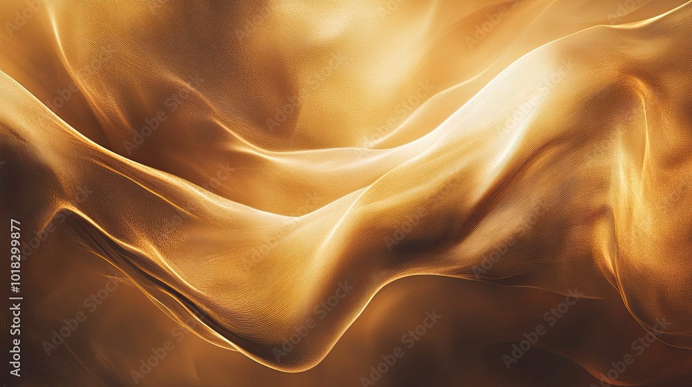 Poster smooth, abstract waves of gold flowing across a shimmering surface, with soft light and gradients cr