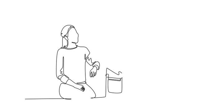 Animated self drawing of continuous line draw male doctor examining woman patient checking pulse rate and blood pressure using tensiometer. Medical treatment concept. Full length single line animation