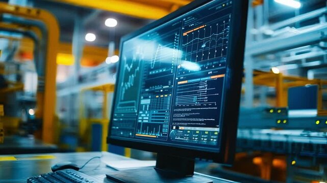 Computer screen showing data and production statistics in a modern industrial factory, highlighting the importance of technology in optimizing manufacturing processes