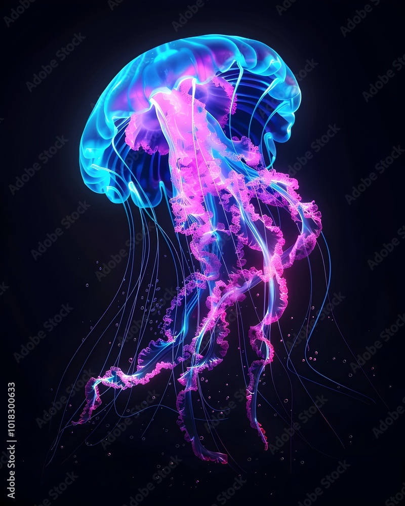 Poster neon jellyfish with flowing tentacles in cyan and magenta hues pulsating in the deep ocean