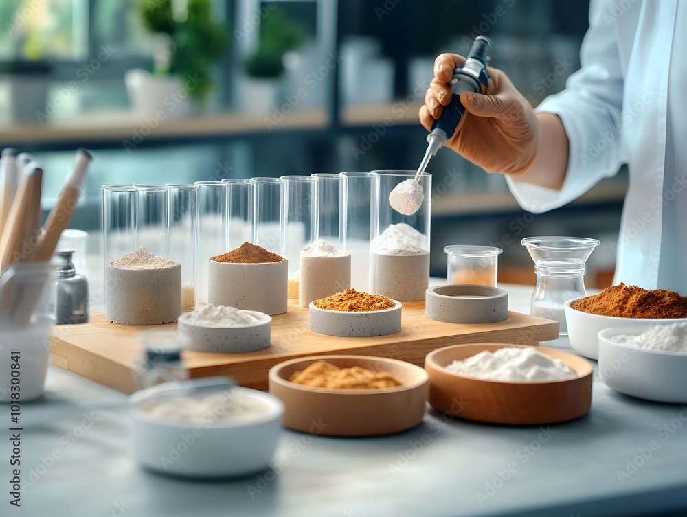 Poster scientist conducting a laboratory experiment with different powders.
