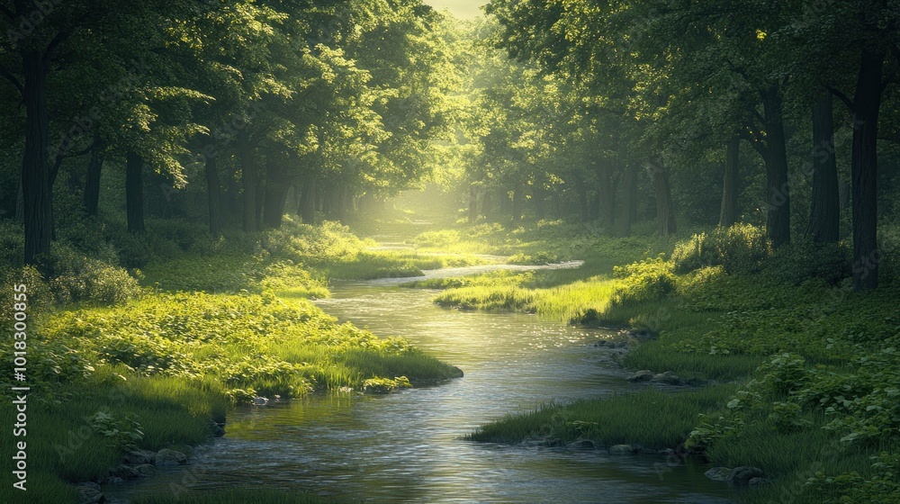 Poster sunbeams illuminate a winding river through a dense forest, creating a mystical and serene atmospher