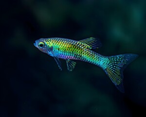 Fototapeta premium Iridescent Neon Fish Swimming in Blackness Shimmering Scales and Vibrant Colors