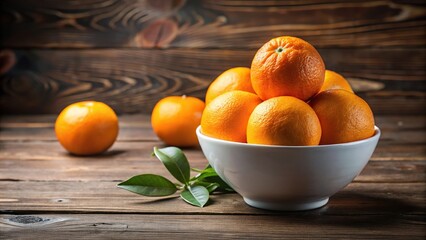 Fresh ripe oranges in white bowl on wooden table with selective focus