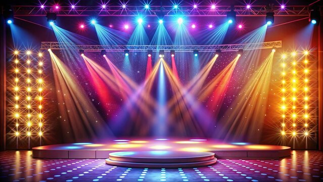 A dramatic stage with a circular platform illuminated by vibrant spotlights, showcasing the energy of a performance