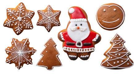 Fototapeta premium Gingerbread christmas snowflake star santa man tree cookie biscuit on transparent background 