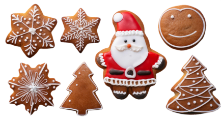 Gingerbread christmas snowflake star santa man tree cookie biscuit on transparent background 
