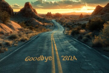 A winding road through a desert landscape with a sunset in the background and the words "Goodbye 2024" written on the asphalt.