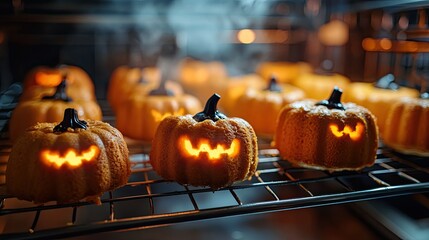 Spooky homemade Halloween pumpkin cakes, still warm from the oven, resting on a cooling rack