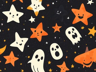 Halloween Stars and Ghosts on a Black Background