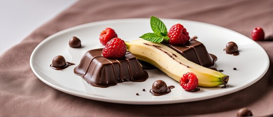 Delicious Chocolate Dessert with Banana and Raspberries