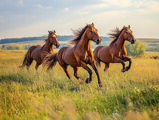 brown horses with a magnificent mane galloping across the field