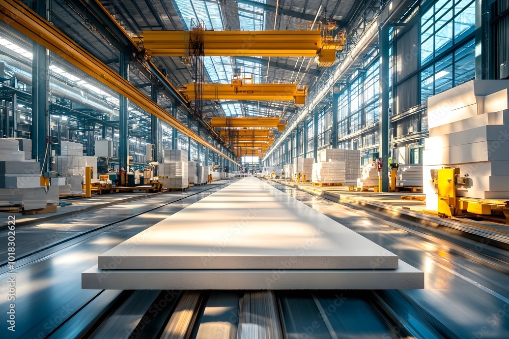 Poster automated production line with stacks of building material in factory.