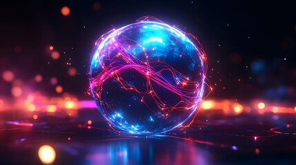  A glowing blue energy sphere with pink, red and purple highlights on a black background