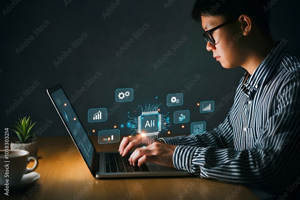Poster person typing on a laptop with digital icons floating above the keyboard in a dark room.