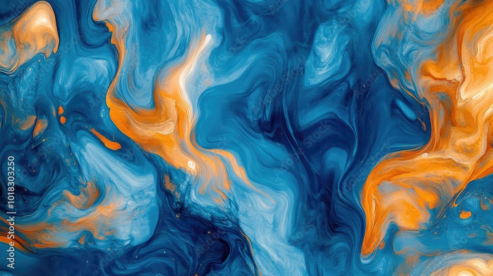 Poster swirling patterns of blue and orange ink blending in fluid motion, creating a vibrant abstract displ