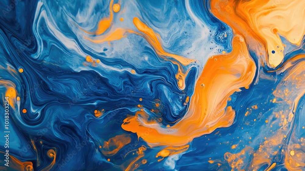 Poster swirling patterns of blue and orange ink blending in fluid motion, creating a vibrant abstract displ