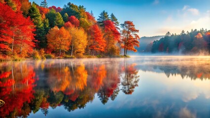 Fototapeta premium Morning mist autumn scenery with red leaves over a lake and forest