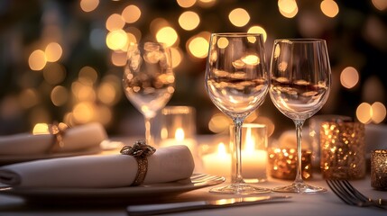 An elegant table setting for fine dining with white linen, crystal glasses, and soft candlelight, emphasizing a romantic atmosphere and sophisticated decorations for a festive occasion.