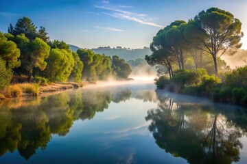 Obraz premium Morning mist on an Andalusian river and the Mediterranean forest with a tilted angle