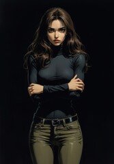 Naklejka premium Serious Woman in Dark Attire Against Black Background