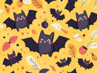 Seamless Pattern of Cute Bats with Autumn Leaves on Yellow Background