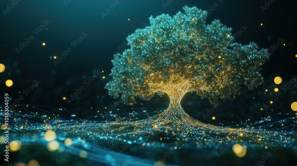 Poster digital tree of glowing data points, symbolizing technology and growth, ai generated image