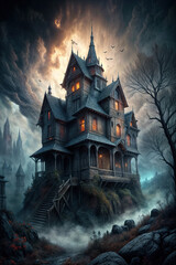 A Haunted Manor on a Foggy Hill at Night