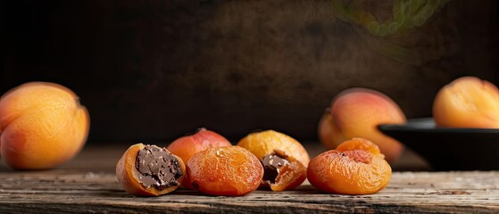 Apricots Filled with Chocolate on a Wooden Table