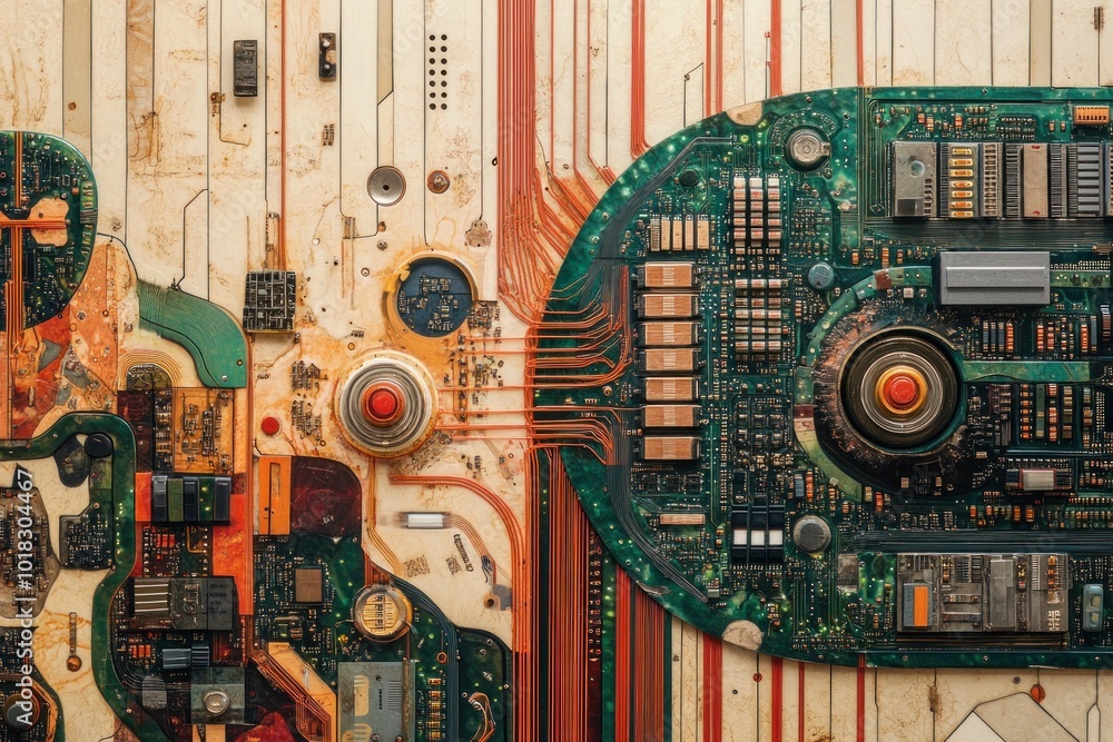 Poster abstract close-up of a circuit board with red buttons and copper wires.