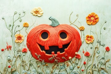 Fototapeta premium Halloween-themed vector illustration featuring a pumpkin with a cartoon face A close-up of an embroidered floral pattern