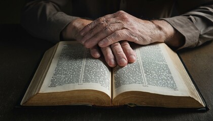 Naklejka premium An open Bible with the hand of an elderly person resting gently on the pages.
