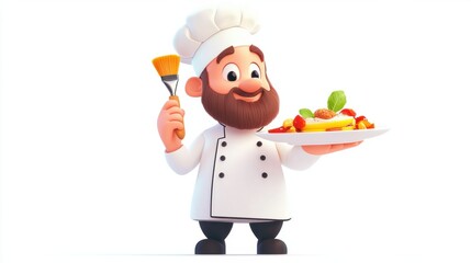 Cute food stylist cartoon character holding a brush, plating a beautiful dish, isolated on white