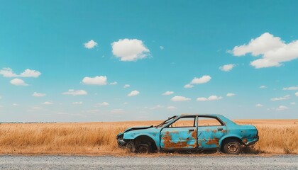 Fototapeta premium A weathered blue car abandoned in a vast field under a bright blue sky with fluffy clouds, symbolizing neglect and the passage of time.