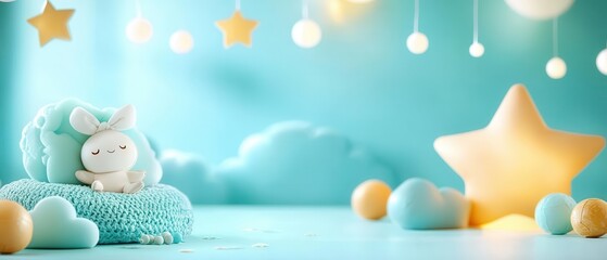 A whimsical scene featuring a soft toy bunny resting among fluffy clouds and glowing stars, creating a serene and dreamy atmosphere perfect for children's decor.