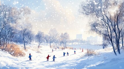 Children playing in a snowy park on a sunny winter day with a city skyline in the background.